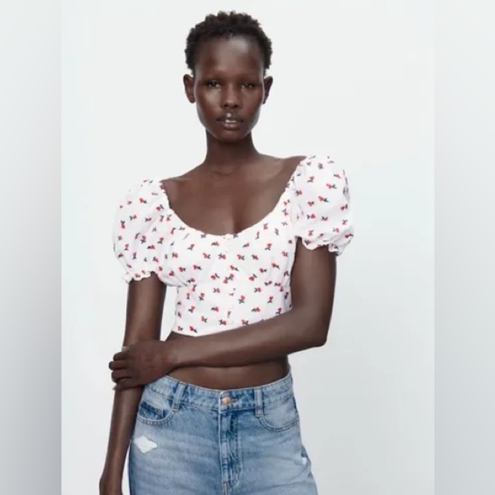 Zara Embroidered Cherry Puff Sleeve Peasant Top